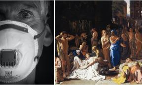 Left: Modern man wearing a face mask to protect against coronavirus.