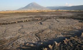 The Engare Sero footprint site, which preserves at least 408 prehistoric footprints dated to between 19,100 and 5,760 years ago. An eruption of Ol Doinyo Lengai, the volcano in the background, produced the ash in which the human footprints were preserved.   Source: Cynthia Liutkus-Pierce / Nature