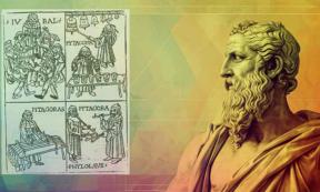 Greek Philosopher Pythagoras with overlay of woodcut showing Pythagoras with bells, a kind of glass harmonica, a monochord and (organ?) pipes in Pythagorean tuning. From Theorica musicae by Franchino Gaffurio, 1492 (1480?)	Source: Khuram Ibn Sabir/Adobe Stock, overlay Bibliothèque nationale de France/Public Domain
