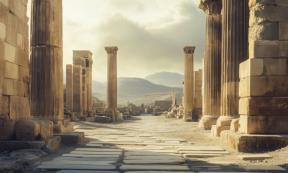AI image of ancient ruins illuminated by the golden evening sun, showcasing classical Greco-Roman architecture of Greece in the Roman era.