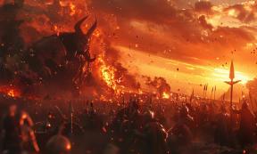 An epic battle scene from Ragnarok, with gods and monsters clashing violently under a bloodred sky, AI generated.