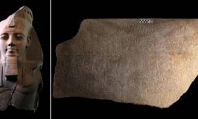 Left; Ramesses II statue, Right; Long side of the granite sarcophagus of Ramesses II.