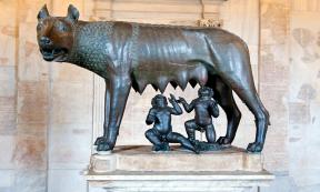 Statue of Romulus and Remus suckling on a she wolf. Their famous story was one of attempted Roman infanticide but were saved by the she wolf, now a major symbol of the Roman Empire. 						Source: borzywoj / Adobe Stock