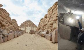 View of the Sahure pyramid from the outside at Abusir, Egypt. Right; Dr. Mohamed Khaled, project leader, during the excavations in the Sahure pyramid.           Source: Mohamed Khaled / Uni Würzburg, Sailingstone Travel/Adobe Stock