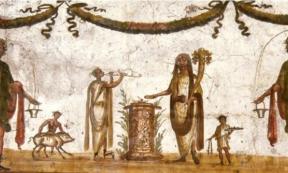 Ritual sacrifice of a pig being carried out in the Roman empire.