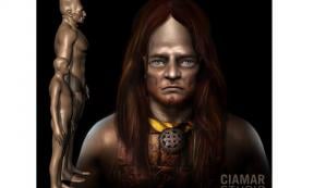 3d Digital Sculpture of Giant with hair, copper breastplate, and gorget. Image courtesy of Marcia K. Moore, Ciamar Studio. 