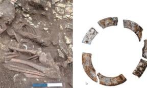 A female burial in a flexed position, adorned with a mother-of-pearl shell bracelet. (Left) The shell bracelet made from mother-of-pearl.