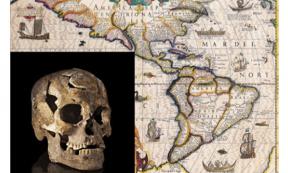 Map of the Americas circa 1619. Insert: Paleoamerican skull from Burial 1, Lapa do Santo site, Brazil. 