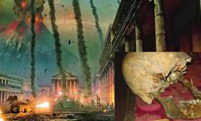 Scene of destruction in the film “Pompeii 3d” (2014). (La Stampa/CC BY NC ND) Insert: Remains of a skull attributed to Pliny the Elder from the Museo di Storia dell'Arte Sanitaria in Rome. 