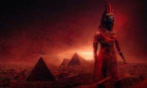 AI image of a female pharaoh in a mask and desert with pyramids. Source: MiaStendal