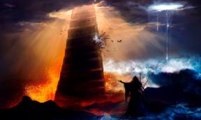 Sorcerer in hood standing in front of an ancient destructed Babylon tower with flood, fire & hurricane illustration