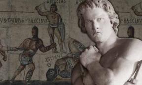 Photo of a statue of Spartacus by Denis Foyatier, on display at the Louvre, combined with a 4th-century mosaic depicting gladiators. Source: Public domain
