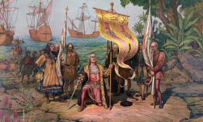 Christopher Columbus taking possession of the lands of the New World on behalf of Spain after landing on the island of Hispaniola, 1492.