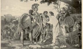 Tarpeia meeting with the Sabines and promising to open the gates for them, in her infamous betrayal of Rome.