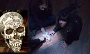 Trailer for Ouija Movie. (BagoGames/CC BY 2.0) Insert: Ouija board on your skull: noe valley, san francisco (2015).