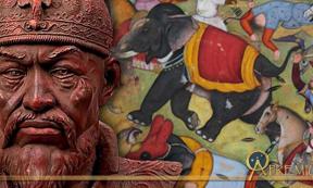 Bust of Timur ( CC BY-SA 3.0 ), and Timur defeats the Sultan of Delhi 
