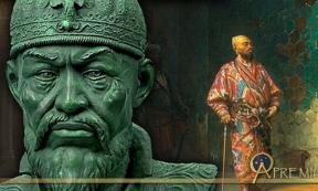 Bust of Timur ( CC BY-SA 3.0 ), and Timur standing with cane (Public Domain)