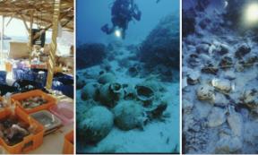 Left; Amphoras in conservation area. Center; Diver hovering over amphoras; Right; Ceramics on seabed