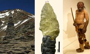 Ötzi Memorial, Austria (GFDL), Ötzi Arrow (Wierer et al), Ötzi Reconstruction (CC BY SA 3.0 )