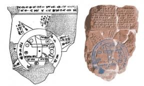 Left; Drawing by B. Meissner in Babylonien und Assyrien, 1925. Right; Babylonian Map of the World with false color.