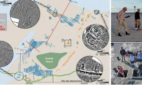 The Rungholt settlement and investigation area. White dotted lines indicate the areas covered by magnetic gradiometry, the white dashed line outlines an area covered by marine seismic reflection profiles.	Source: Wilken et al./Nature
