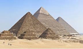 The three main Egyptian pyramids at Giza, together with subsidiary pyramids and the remains of other ancient structures