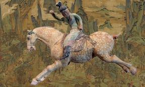 A ceramic female polo player, from northern China, Tang Dynasty, first half of the 8th century, made with white slip and polychrome. From the Musée Guimet (Guimet Museum), Paris. (Public Domain) Background: ‘Xuanzong's Journey to Shu’, in the manner of the mid-8th century Tang artist Li Zhaodao, an 11th-century Song dynasty remake.