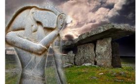 Deriv; Ancient Celtic dolmen from Poulnabrone, Ireland and carved Egyptian deity Thoth 