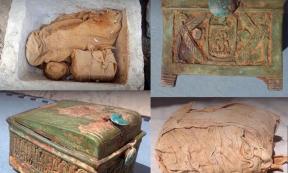Several packages wrapped in linen canvas (top left and bottom right) were found inside the chest. One package contained a wooden box (bottom left and top right), which is evidence that Thutmose II’s lost tomb is nearby.        Source: Andrzej Niwiński / Warsaw University’s Institute of Archaeology