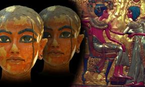 Deriv; Sculpture depicting the King Tutankhamun as a child, gold plate with Tutankhamun and Ankhesenamun.