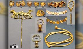 Hair rings (top left), a pin (bottom left), necklaces (middle) and a choker (bottom right) were among a total of 26 gold objects from Poliochni on Lemnos examined by the international research team. Source: Christoph Schwall / ÖAI Wien