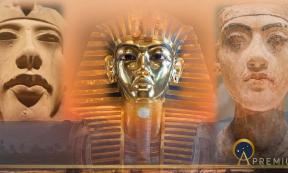 Akhenaten plaster bust on the left and Smenkhkare plaster bust on the right of the funerary mask of Tutankhamun. Berlin’s Neues Museum. Behind is the sunrise near Amarna, Egypt. (Image: Courtesy Jonathon Perrin)