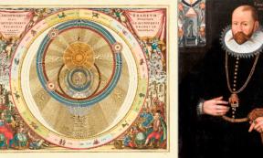 Left; 1660 chart illustrating Tycho Brahe’s model of the universe Right; Portrait of Tycho Braha, Skokloster Castle, Source: Left; Public Domain, Right; Public Domain
