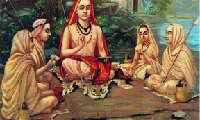 Adi Shankara, 788-820 AD, founder of the Advaita Vedanta, the oldest extant sub-school of Vedānta, a tradition of interpretation of the Upanishads, by Raja Ravi Varma.	Source: Raja Ravi Varma / Public domain