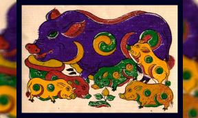 Dong Ho Vietnamese art is an aesthetic symbol in Vietnamese culture.  This painting is titled, ‘Good luck wish’: Lợn âm dương (Yin-yang pig). Source: Public Domain