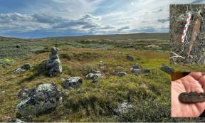 The foundation of an old hut near a hiking trail in Holmetjønn, Hardangervidda, Norway. 