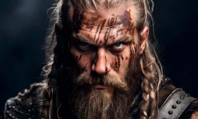 AI portrait of fearless powerful warrior Viking man with blood marks. Source: Asiri/Adobe Stock