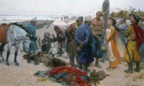 A Viking offers a slave girl to a Persian merchant.
