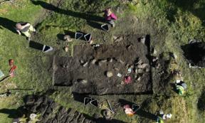 Aerial view of one of the Viking Age burials at Skumsnes, Fitjar, Norway.