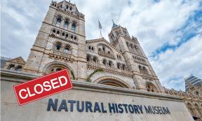 Amid coronavirus lockdowns and closures, you can spend your extra time in one of the virtual museums worldwide. (Main: Natural History Museum in London entrance. Inset: Closed sign.) Source: kmiragaya & Julistock / Adobe stock