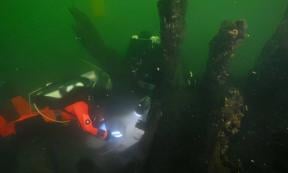 Brendan Foley and a colleague dig up the wreck of the Gribshunden in 2022. The royal Danish flagship sank off the coast of Sweden more than 500 years ago. 