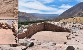 Excavation of d-shaped Wari temple at Pakaytambo, near Arequipa, Peru. Top insert:Pplastered interior wall. Bottom insert: Abandonment feature on structure floor.	Source: Reid, D. / Journal of Anthropological Archaeology
