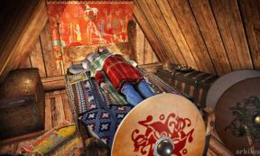 Reconstruction of the Myklebust Viking ship burial chamber c. year 870 AD, Norway, probably containing King Audbjorn of the Fjords. The king’s head is resting on pillows filled with bird feathers.