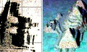 Left; the sonar images that started the furor. Right; Reconstructed image of what could be beneath the waves, based on the sonar scan of the sea floor off the coast of Cuba.