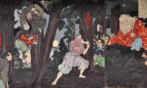 Yoshitoshi, Ushiwaka Maru learns Martial Arts from Sojobo, King of the Tengu, 1880