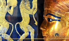 Dancing Bes figures on the left outer arm of the Sitamun's chair; and detail of the face mask of one of the coffins of Yuya; design by Anand Balaji