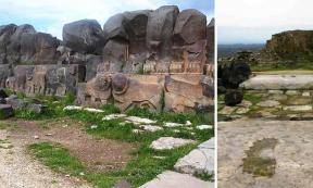 Reconstructed wall of Ain Dara Temple with cherubim relief in lower panel. Right, Giant or godly footprints at the gate. 	Source: Odilia/CC BY-SA 3.0, Right; homocosmicos/Adobe Stock