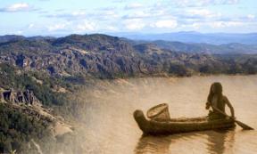 Deriv; Dramatic view from Mount Saint Helena, California (CC BY-SA 4.0), and photo of a Pomo native in a tule boat, circa 1924.
