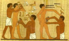 Drawing on a tomb/wall from Ankhmahor, Sakkara, Egypt, of an adult circumcision. Source: Public Domain