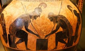 Evidence of ancient gambling is shown on this 540BC ceramic illustrating Achilles and Ajax playing dice.	Source: Nick Thompson / CC BY-NC-SA 2.0)